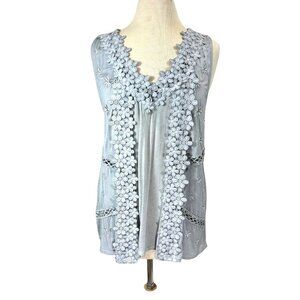 Lisa Robertson Top Womens Large Grey Tank Knit  Sleeveless Boho Lace Embroidery